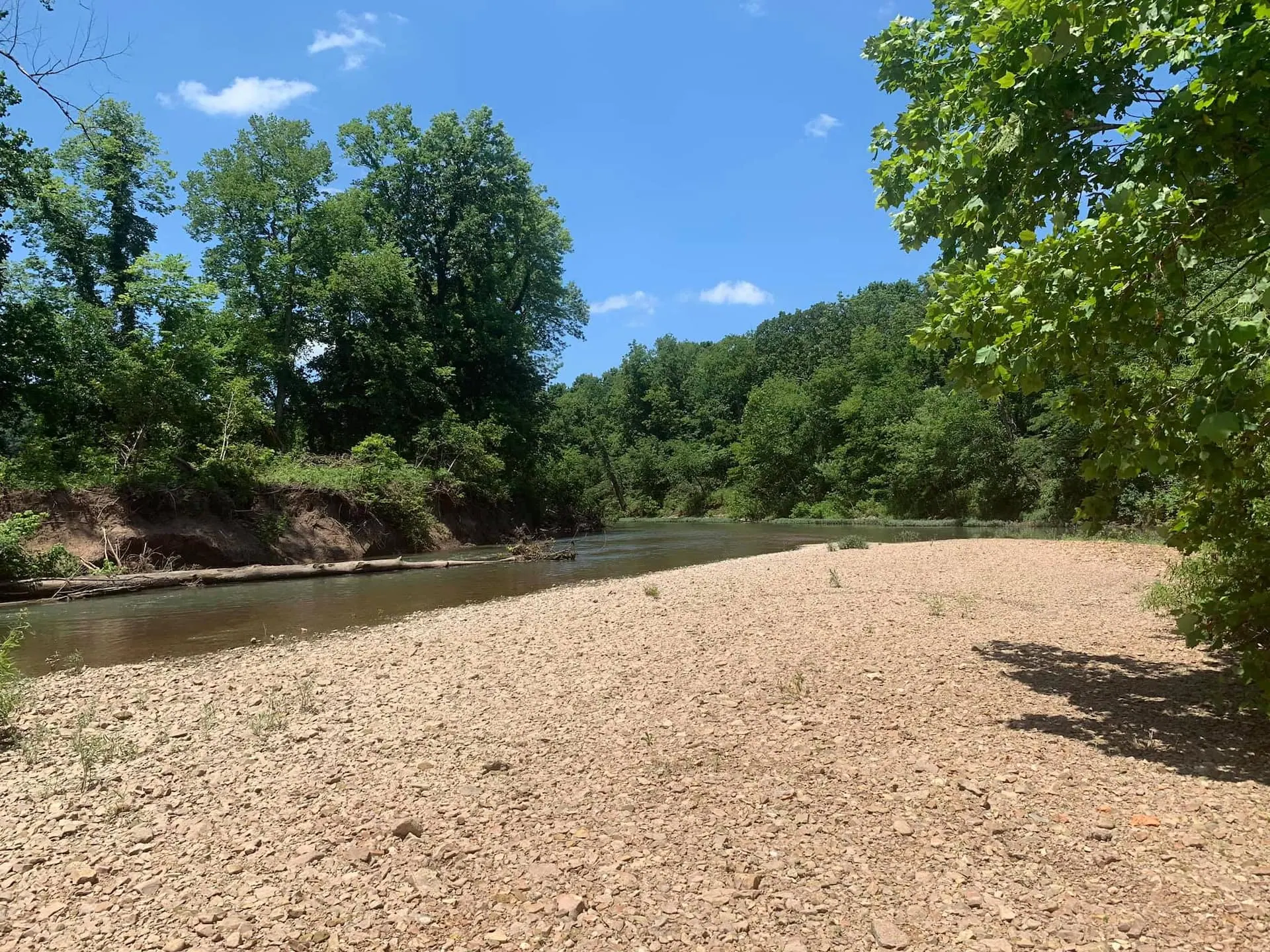 The private gravel bar on the Sac River beneath green summer timber